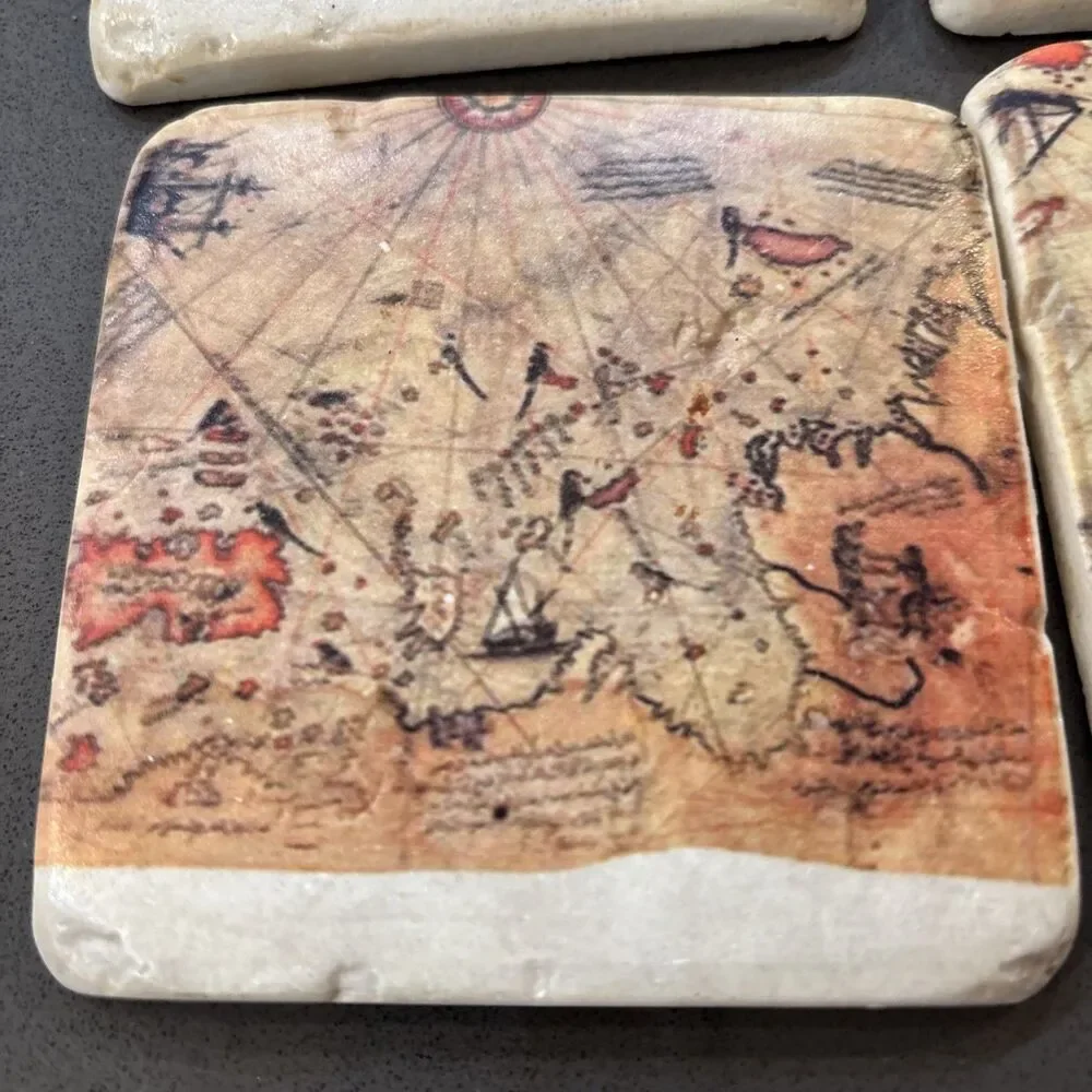 Piri Reis World Map Coaster Set Of Four Made Of Stone With Cork Backing